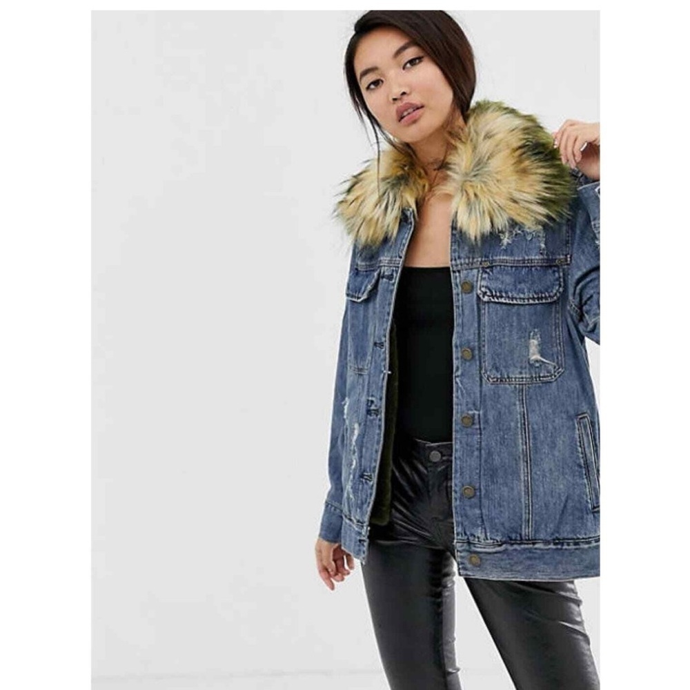 Blank NYC Blue Denim Jacket with Faux Fur Collar and Lining